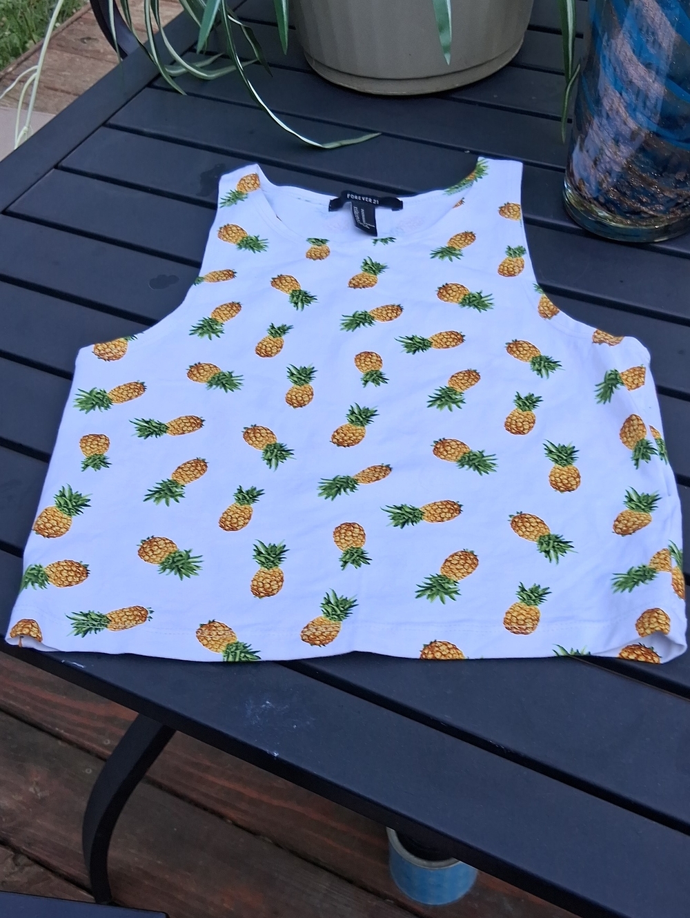 Forever 21 White Tank Top with Yellow Pineapple Print